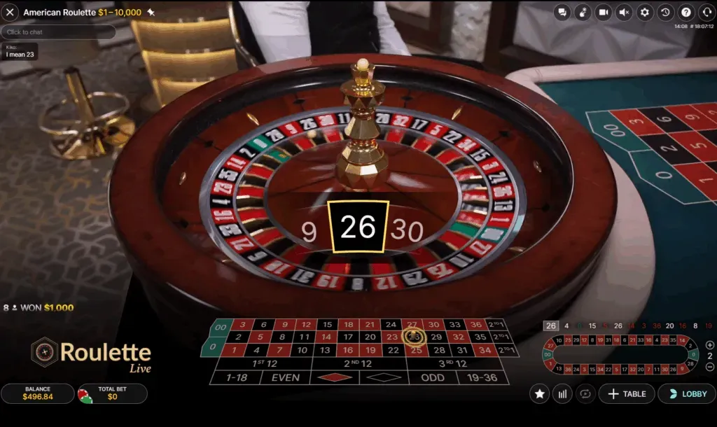 Roulette Live Ruota di roulette americana con numero 26 evidenziato